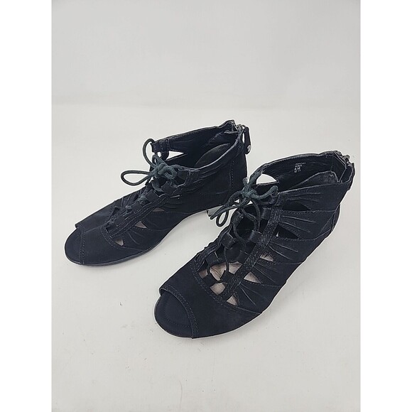 Earth Women's Aurora Size 8.5 B Black Sandals Block Heel Front Tie Back Zipper - Picture 6 of 16